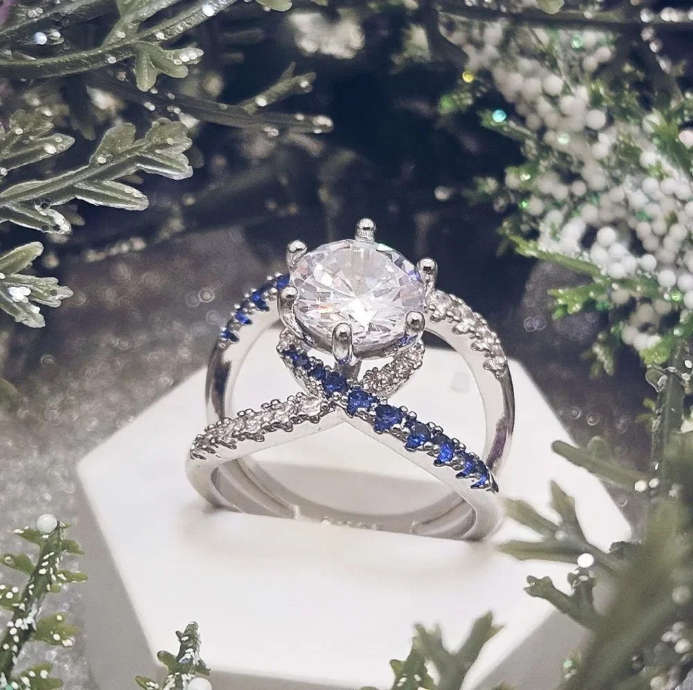White and Blue Sapphire Cocktail Ring on 925 Sterling Silver